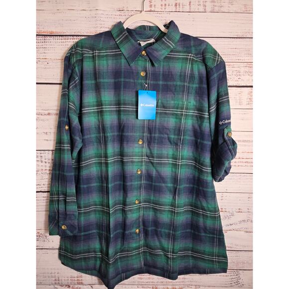 Columbia Women's Plus size 1X longer sleeve Green/Blue Plaid Flannel - Picture 1 of 3